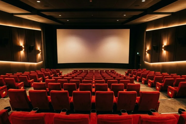 Empty modern movie theater with red seats facing a large blank screen