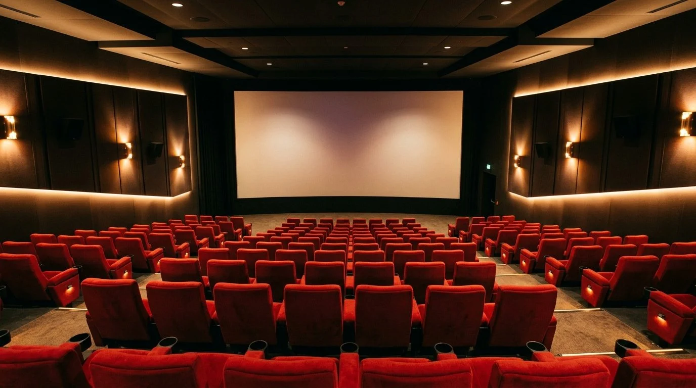 Empty modern movie theater with red seats facing a large blank screen
