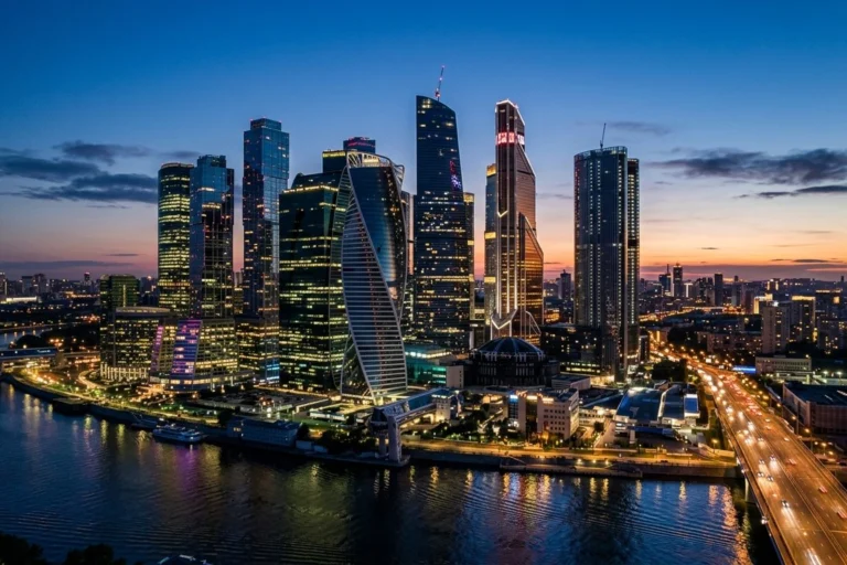 Financial district skyline with glass skyscrapers at dusk