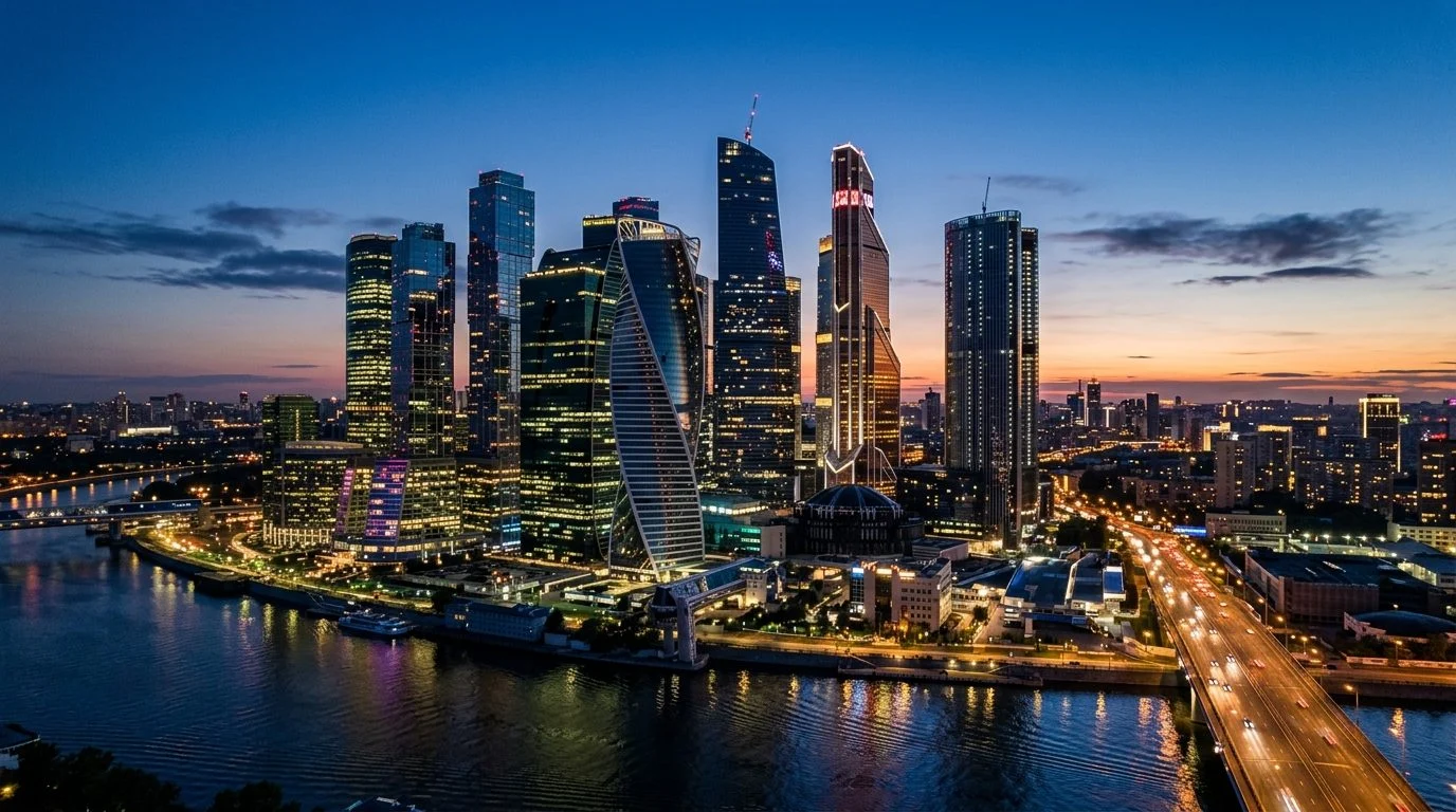 Financial district skyline with glass skyscrapers at dusk